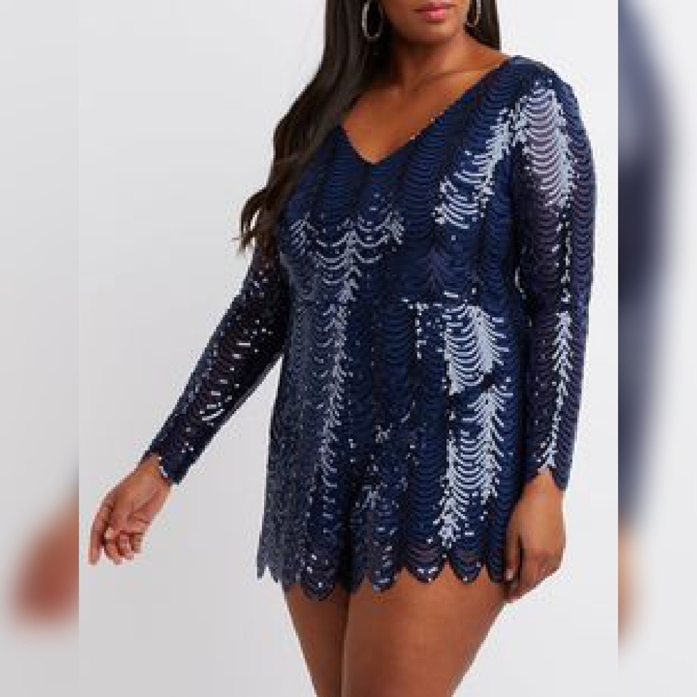 Charlotte Russe Blue V-Neck Sequin Romper 2X